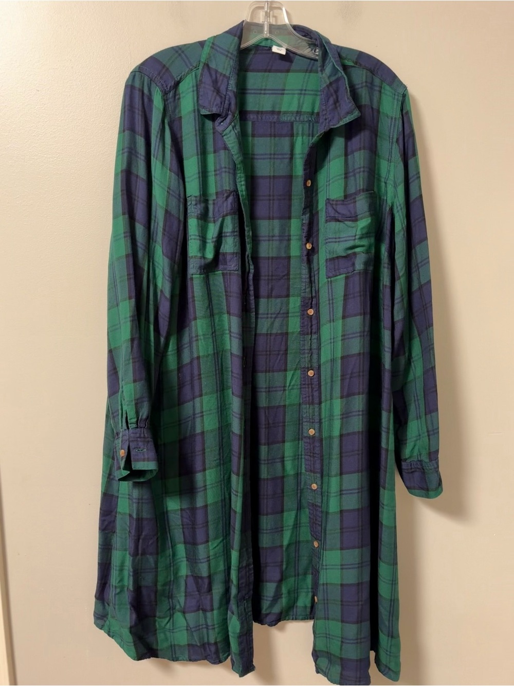 Old Navy Green Navy Black Watch Plaid Full Button Collared Swing Shirt Dress XLT